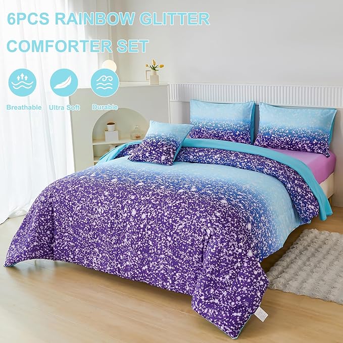 PERFEMET Blue Purple Girls Twin Comforter Set with Sheets, 6Pcs Glitter Tie Dye Rainbow Kids Girls Bedding Sets, Sparkle Gradient Ombre Bed in A Bag for Bedroom Decor