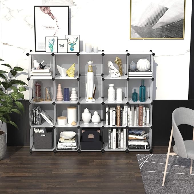 HOMIDEC 20-Cube Transparent Cube Storage Organizer, Modular Storage Shelf with Hammer, Cube Storage Bin Cabinet Closet Bookshelf for Living Room, Bedroom, Office, Each Cube Size 11.8 x 11.8 inch
