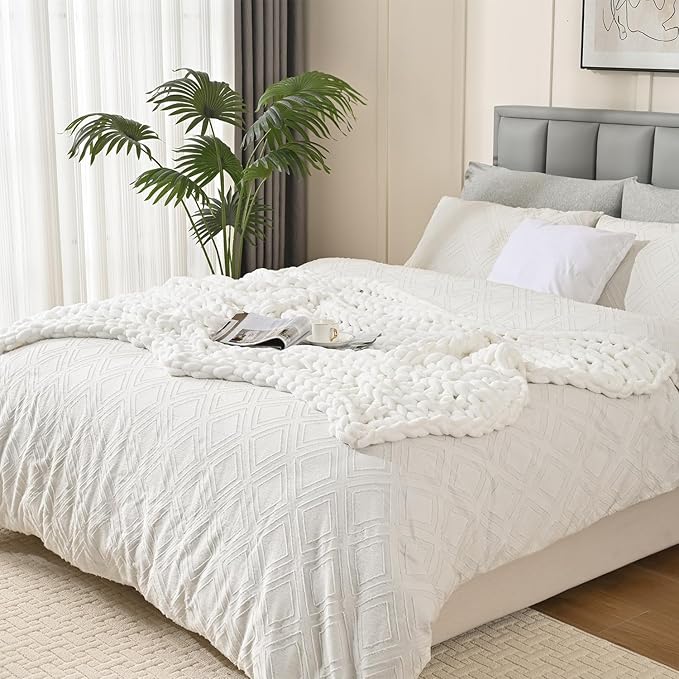 Esterra Chunky Knit Blanket Throw, 100% Handmade Chenille Throw Blanket 50"x60", Soft Thick Yarn Cable Knit Crochet Throw Blanket Rope Knot Throw for Couch Bed Sofa, Bright White