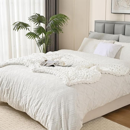Esterra Chunky Knit Blanket Throw, 100% Handmade Chenille Throw Blanket 50"x60", Soft Thick Yarn Cable Knit Crochet Throw Blanket Rope Knot Throw for Couch Bed Sofa, Bright White