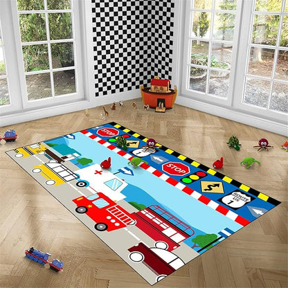 Cartoon Ambulance Car Area Rug Car Carpet for Kids Play Rug for Cars and Trucks Car Rug Play Mat Car Track Rug Truck Rugs for Boys Room Rugs for Boys Bedroom,Light Blue 4'×5'
