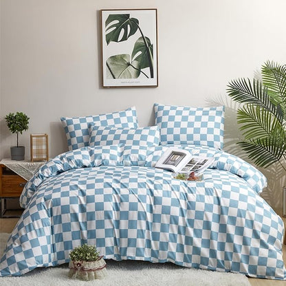 Blue White Grid Comforter Set Queen Blue Plaid Bedding Set Women Blue and White Checkered Bed Comforter Set Breathable Blanket Set Men Durable Bedding Comforter Set