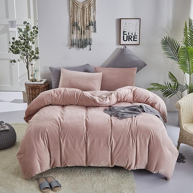 Wellboo Pink Velvet Comforter Sets Queen Women Girls Blush Pink Bedding Comforters Cute Dusty Pink Adults Winter Quilts Solid Light Red Fluffy Flannel Quilt Bean Pink Micromink Sherpa Fuzzy Plush Bed