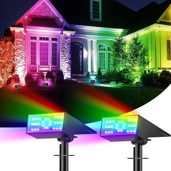 Solar Color Changing RGB Spot Lights Outdoor, 2 Pack/7 Lighting Modes Multicolor Outdoor Lights for Yard Waterproof IP68, Halloween Christmas Solar Landscape Powered Lights Garden Pathway