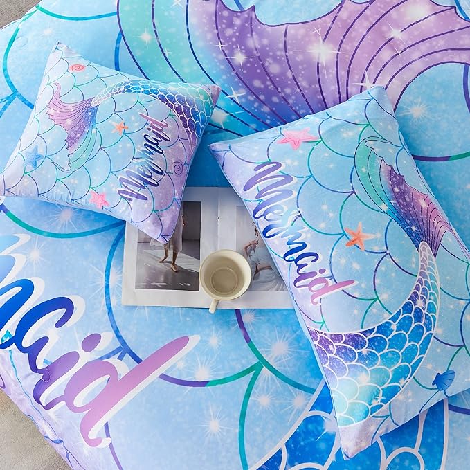 RYNGHIPY 6Pcs Mermaid Tail Comforter Set for Kids Girls, Mermaid Fish Scale Bed in a Bag Twin Size, Sparkle Teal Purple Rainbow Bedroom Decor Bedding Set