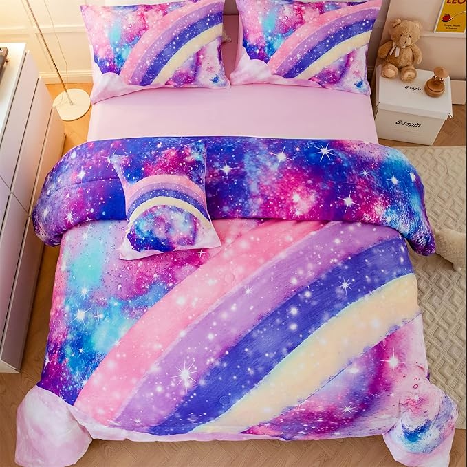 6Pcs Queen Size Comforter Set for Girls Teens, 3D Pastle Rainbow Nebula Comforter Bedding Set, Tie Dye Pink Comforter Soft Lightweight Bed in A Bag with Sheets Comforter and Pillowcases
