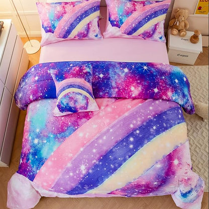 6Pcs Queen Size Comforter Set for Girls Teens, 3D Pastle Rainbow Nebula Comforter Bedding Set, Tie Dye Pink Comforter Soft Lightweight Bed in A Bag with Sheets Comforter and Pillowcases