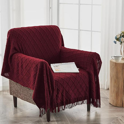 inhand Knitted Throw Blankets for Couch and Bed, Soft Cozy Knit Blanket with Tassel, Claret Lightweight Decorative Blankets and Throws, Farmhouse Warm Woven Blanket for Men and Women, 50"x60"
