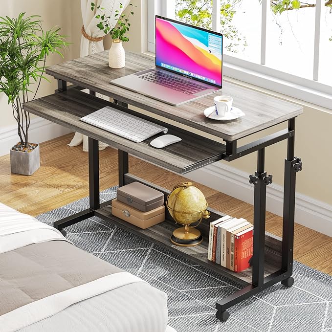 Tribesigns Portable Desk for Sofa and Bed, Height Adjustable Mobile Laptop Table Small Standing Desk Rolling Computer Cart with Keyboard Tray on Wheels for Home Office (Grey)