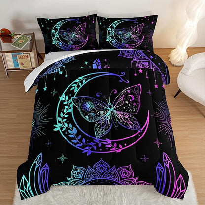 HOSIMA Butterfly Comforter Set 3Piece with 2 Pillowcases,Black Comforter Butterfly Aesthetics Room Decor,Boho Mandala Comforter Butterfly Bedding Set for Girls,Bohemian Full Size Bed in a Bag Set.