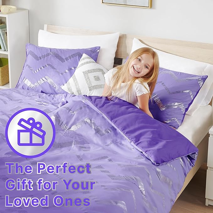 Codi Twin XL Bedding Set - Cute Purple Bed Set, Metallc Print Comforter - 3 Piece Sets for Girls, includes 1 Comforter, 1 Decorative Pillow, and 1 Pillow Case - All Season, Lightweight and Warm