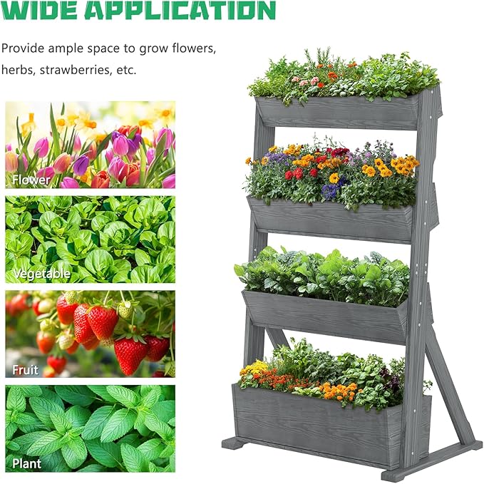 DoCred Vertical Wooden Raised Garden Bed, 4 Tier Garden Planters Freestanding Wood Plant Stand Flower Rack Wooden Planter Box for Plants Herbs Flowers Vegetables Outdoor Indoor Gardening