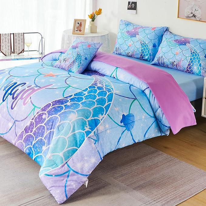 URBONUR 6 Piece Mermaid Tail Comforter Set Full Size, Mermaid Fish Scale Bedding Set for Girls Ombre Purple Blue Sparkle Comforter with Sheets Set Soft All Season Room Decor Bed Set