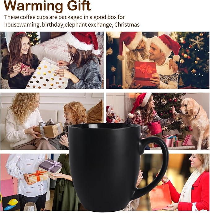 16 OZ Black Stoneware Coffee Mugs Set of 6 | Large Ceramic Coffee Cups with Handle, Porcelain Coffee Mugs Sets for Latte, Milk, Tea and Juice