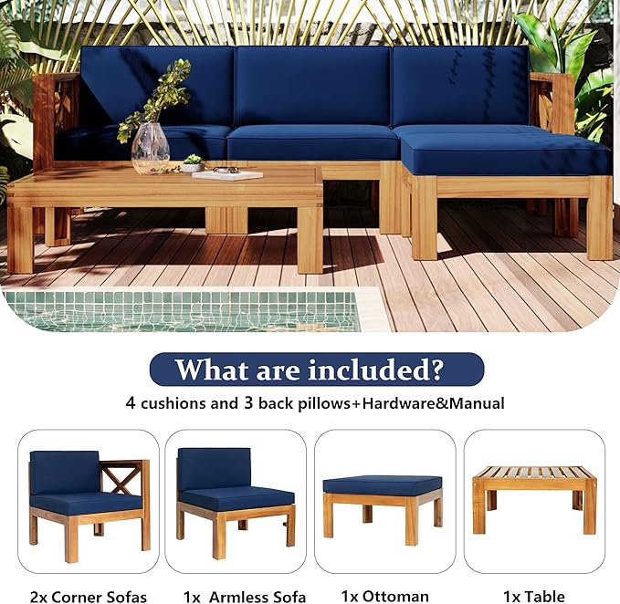 Merax 5 Pieces, Patio Furniture Sets, Solid Wood Sectional Sofa Seating Group with Soft Cushions, for Backyard and Garden, Blue