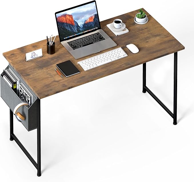 HealSmart Writing Study Worktable for Bedroom Small Desk, Modern Simple Style PC Table with Storage Bag, 40 Inch, Brown-New Version