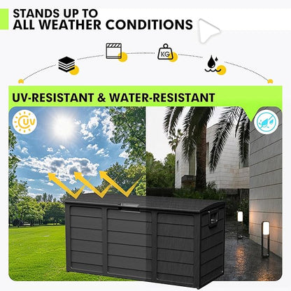 75 Gallon Outdoor Deck Box - Durable Resin Storage with Lockable Lid, for Patio Furniture Cushions, Pillows (Black)