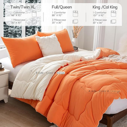COTTEBED Warm Reversible Softness Burnt Orange and Beige King Size Comforter Sets Clearance, California King Soft Fully Breathable Bedding Down Comforter and Pillowsham for Women Winter King/Cal King