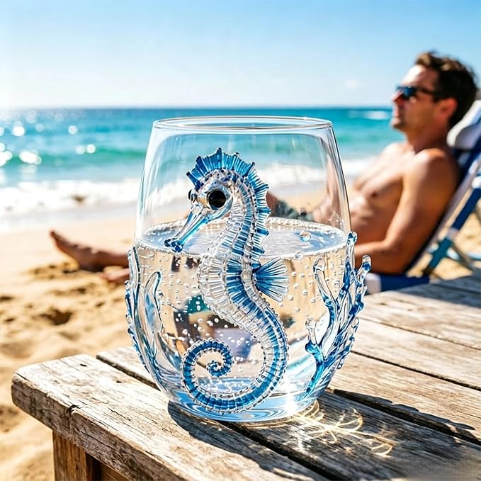 Novelty 3D Sculpted Ocean Life Stemless Wine Glasses, 12oz Embossed Sea Animal Glassware for Beverages, Premium Borosilicate Glass Beach Gifts (Seahorse)