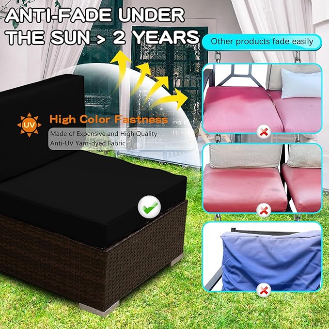 ClawsCover 14Pack Outdoor Patio Seat and Back Cushions Replacement Covers Fit for 7Pieces 6-Seater Wicker Rattan Sectional Couch Chair Furniture Set,Black-Include Cover Only (Large)