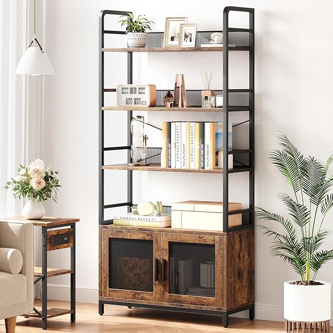 GAOMON Industrial Bookshelf with Doors 70.87" Tall Bookcase with 4 Tiers Open Storage Shelf Rustic Bookshelves Display Rack Cabinet Farmhouse Bookshelf for Bedroom, Living Room, Home Office, Brown