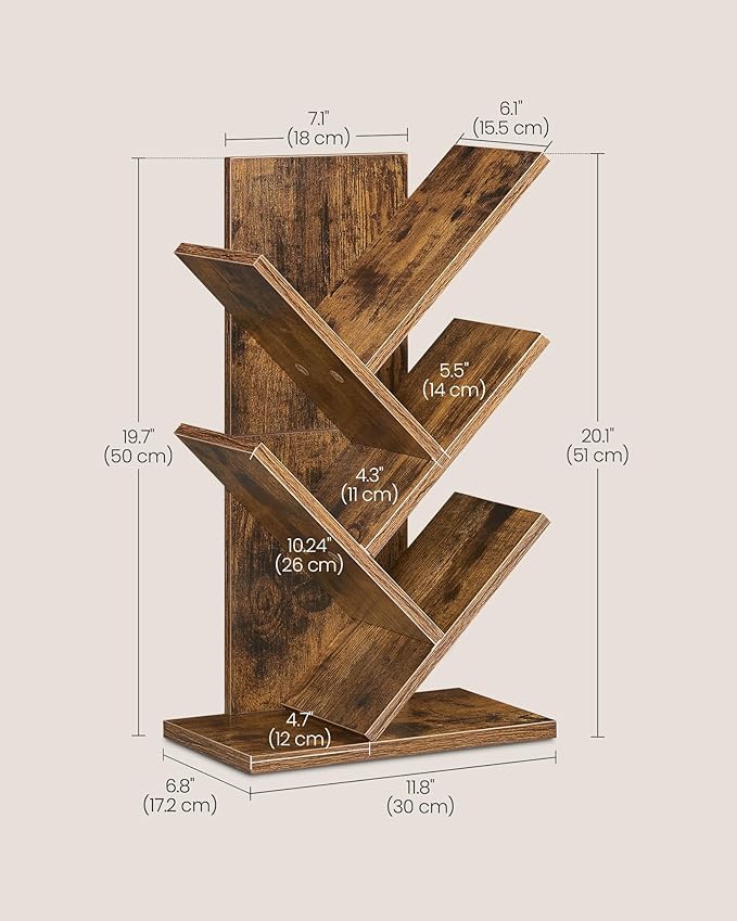 VASAGLE Tree Bookshelf, 5-Tier Bookcase, Small Bookshelf, Space-Saving Corner Shelf, Book Tree, Holds Books, CDs, Games, for Bedroom, Living Room, Home Office, Rustic Brown ULBC183X01
