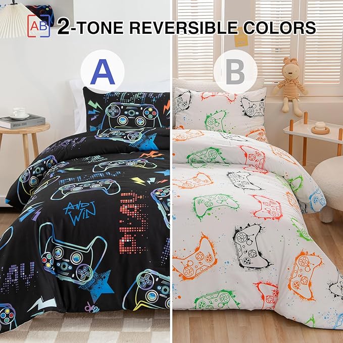Meeting Story Gamer Gaming Bedding Sets Fluorescence Gamepad Comforter Set for Boys Games Console Action Buttons Novelty Colorful Modern Room Decor Home Quilt Set (Black, Twin)