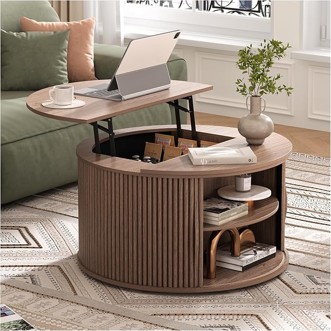 Round Coffee Table with Lifting Top,31.5”Mid Century Modern Lift Top Coffee Table with Hidden Compartment,Fluted Small Center Table for Living Room,Walnut