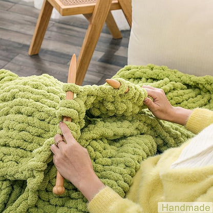 WESHIONGOO Chunky Knit Blanket Throw Knitted Throw Blankets for Couch Bed Fluffy Soft Blanket with Jumbo Chenille Yarn Thick 100% Handmade (Lime Green, 40"×40")