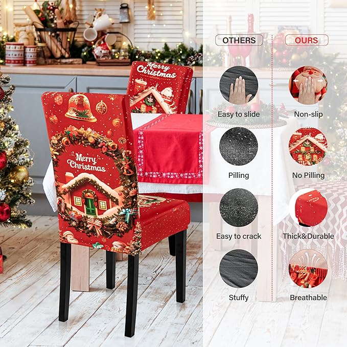 4PCS Christmas Dining Chair Covers Stretch Removable Washable Dining Room Chair Protector Slipcovers Santa Claus House Wreaths Kitchen Chair Cover Slipcover Protector for Xmas Holiday Party Home Décor