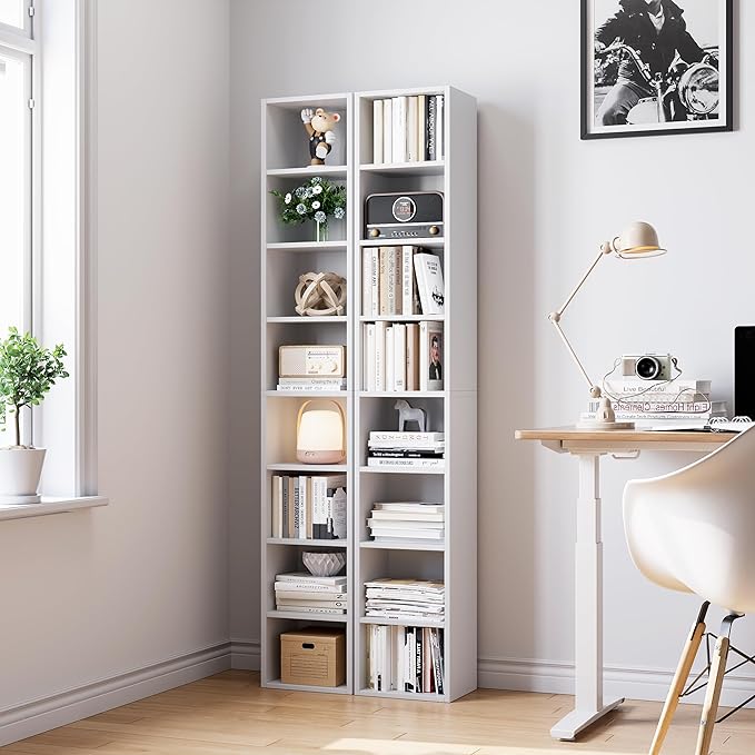 71 Inches Tall Narrow Bookshelf, 8-Tier CD DVD Slim Media Tower Rack, Corner Bookcase with Adjustable Shelves, Skinny Cubes Bookshelves for Home Office Small Space, White
