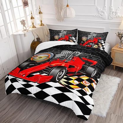 Axolotl Race Car Comforter Set Queen Size,Extreme Sports Bedding Set for Boys Teens Kids Girls Room Decor,Cool Speed Car Quilt Bed Set with 1 Comforter 2 Pillowcases Car Racing Gifts,Black Red