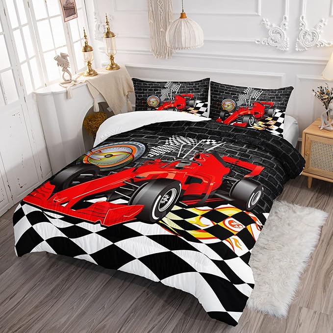 Axolotl Race Car Comforter Set Twin Size,Extreme Sports Bedding Set for Boys Teens Kids Girls Room Decor,Cool Speed Car Quilt Bed Set with 1 Comforter 2 Pillowcases Car Racing Gifts,Black Red