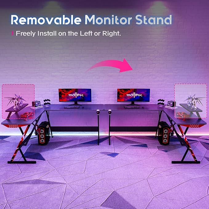 MOTPK L Shaped Gaming Desk 58 Inch, Gaming Computer Desk L Shape with Carbon Fiber Surface, Gamer Desk Gaming Table with Monitor Shelf, Cup Holder & Headphone Hook, Black