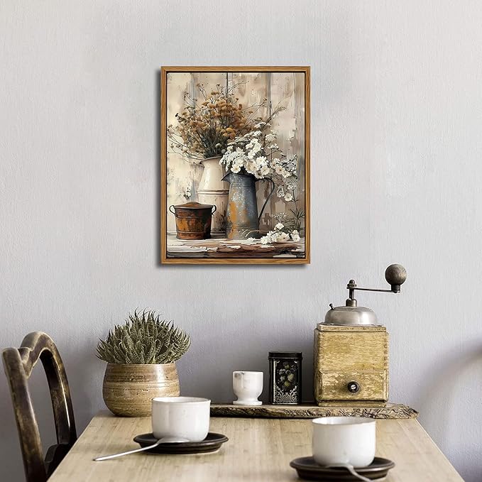 Floating Framed Farmhouse Vintage Canvas Wall Art, Country Floral Daisy Pictures Wall Decor, Wood Grain Art Paintings Poster for Living Room Bedroom Bathroom Rustic Decor 16x24 inch