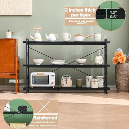 HCHQHS Bookshelf, 3-Tier Long Industrial Bookcase, Black Open Book Shelf, Freestanding Horizontal Bookshelves with Metal Frame
