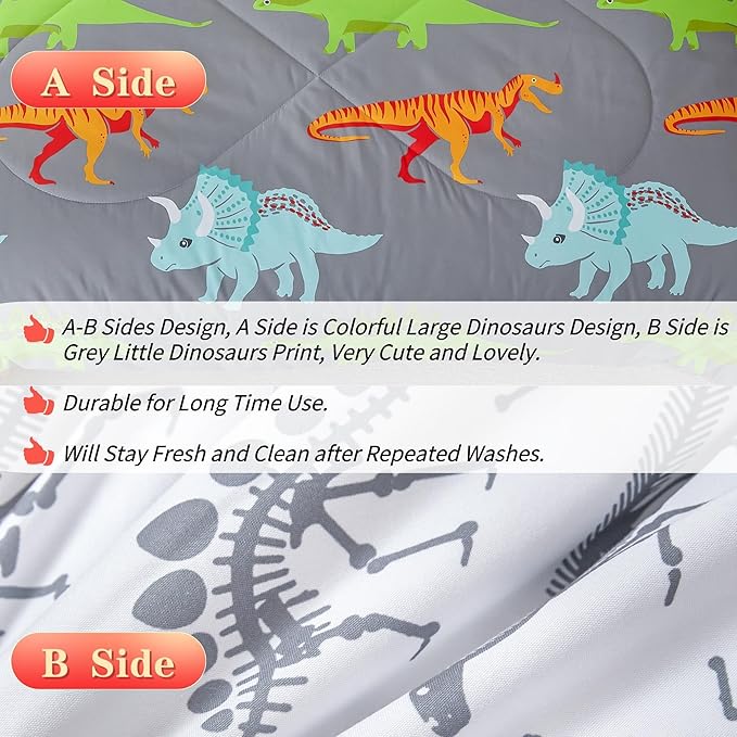 RYNGHIPY Dinosaur Kids Comforter Set Cartoon Dinosaur Bedding Sets for Boys 3 Pieces Queen Microfiber Comforter with Pillowcases Soft Lightweight (Dark Grey,Queen)