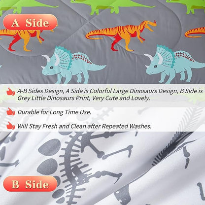 RYNGHIPY Dinosaur Kids Comforter Set Cartoon Dinosaur Bedding Sets for Boys 3 Pieces Queen Microfiber Comforter with Pillowcases Soft Lightweight (Dark Grey,Queen)
