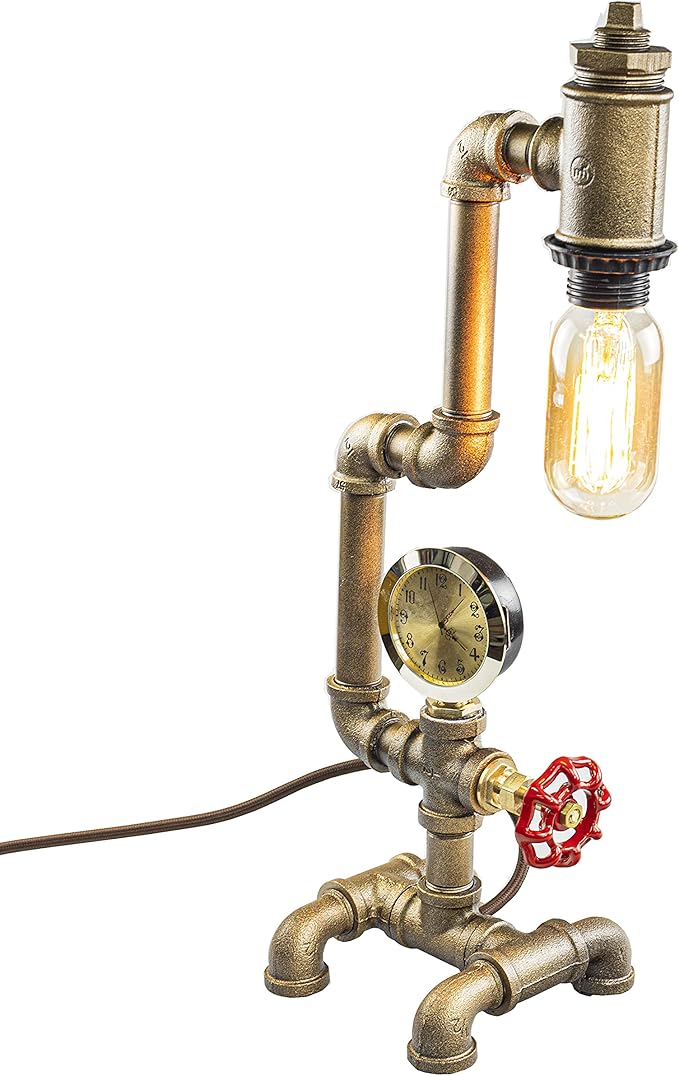 Steampunk Lamp with Dimmer, Dimmable Loft Style Industrial Vintage Antique Style Light with Bulb, Clock with Iron Piping Desk Lamp, Retro Desk Lamp LL-029