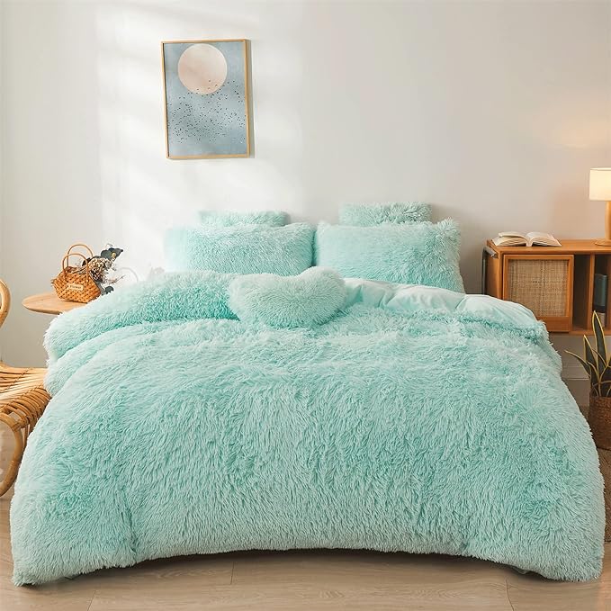 Fluffy mint green comforters Cover twin size - Ultra Soft Plush bedding Sets 2 Pieces (1 faux fur comforter Cover + 1 fuzzy pillow case) girls shaggy green twin bed set (Mint Green, Twin)
