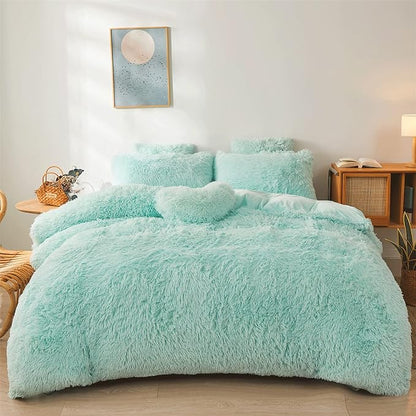 Fluffy mint green comforters Cover twin size - Ultra Soft Plush bedding Sets 2 Pieces (1 faux fur comforter Cover + 1 fuzzy pillow case) girls shaggy green twin bed set (Mint Green, Twin)
