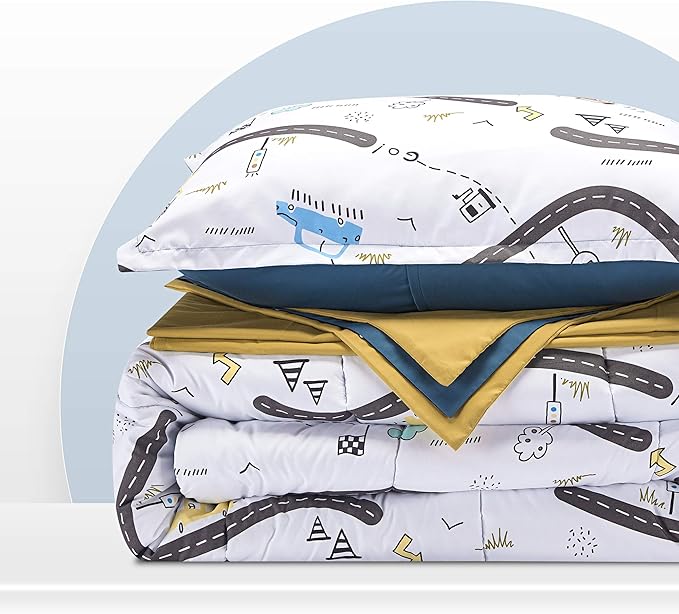 SLEEP ZONE Kids Twin Bedding Comforter Set - Super Cute & Soft Kids Bedding 5 Pieces Set with Comforter, Sheet, Pillowcase & Sham (Car Road)