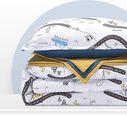 SLEEP ZONE Kids Twin Bedding Comforter Set - Super Cute & Soft Kids Bedding 5 Pieces Set with Comforter, Sheet, Pillowcase & Sham (Car Road)