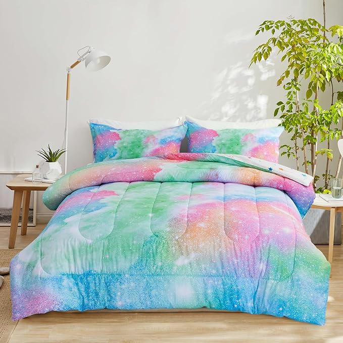 A Nice Night Galaxy Bedding Sets Outer Space Comforter 3D Printed Space Quilt Set Full Size Glitter Pink Green Color,for Children Boy Girl Teen Kids