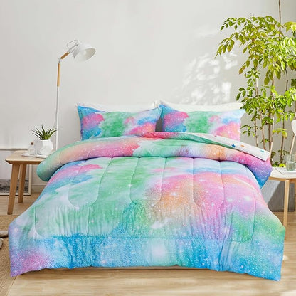 A Nice Night Galaxy Bedding Sets Outer Space Comforter 3D Printed Space Quilt Set Full Size Glitter Pink Green Color,for Children Boy Girl Teen Kids