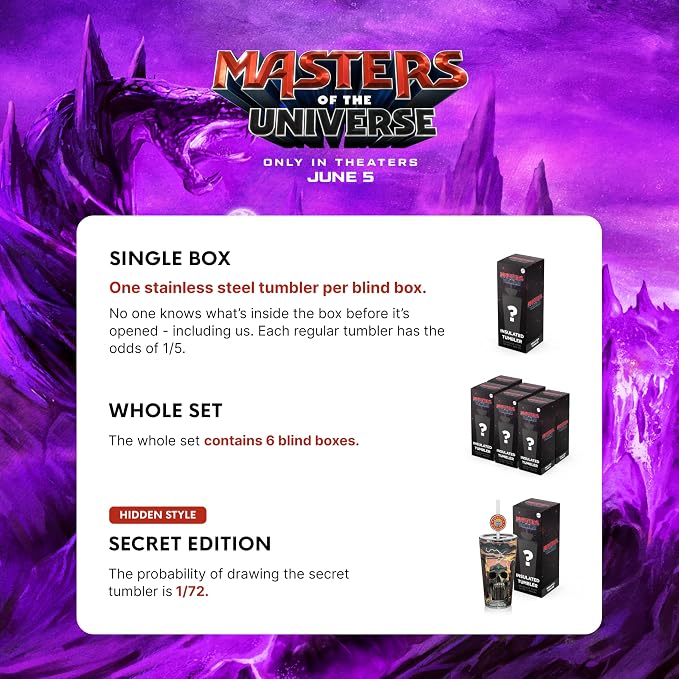 Dragon Glassware x Masters of the Universe (MOTU) Blind Box Tumbler, 16 oz | Vacuum Insulated Stainless Steel Tumbler with Straw & Lid; With Straw Topper; Official Masters of the Universe 2026 Movie Cup