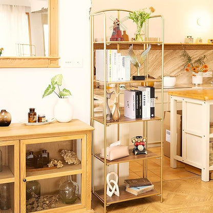 No Assembly Folding Bookshelf, 5 Tier Gold Bookshelf, Metal Book Shelf for Storage, Folding Bookcase for Office Organization and Storage, 12.87" D x 22.91" W x 68.1" H