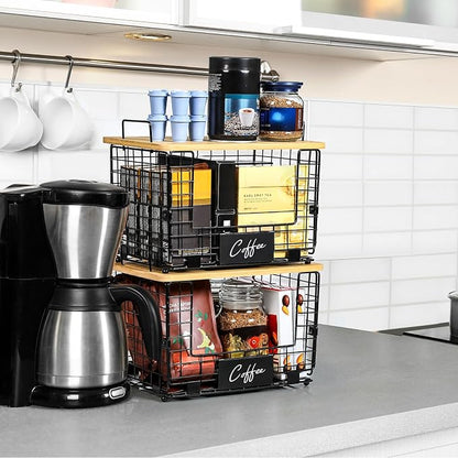 2 Set XL Stackable Wire Basket with Bamboo Tops & Tags- Pantry Organizer and Storage Bins, Kitchen Counter Cabinet Shelf Countertop Under Sink Organizing, Food Snack Produce Onion Potato Bread Storage