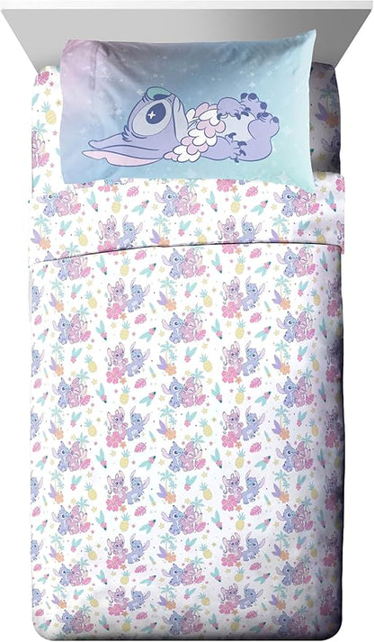 Disney Lilo and Stitch Twin Size Comforter Set - 5 Piece Floral Bedding includes Sheet Set & Pillow Covers Features Angel - Super Soft Purple & Teal Stars Kids Bedding
