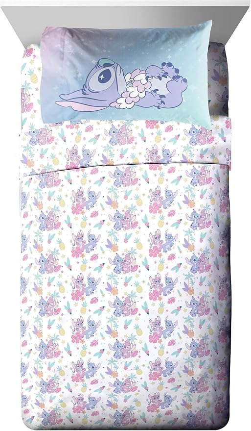 Disney Lilo and Stitch Full Size Comforter Set - 7 Piece Floral Bedding includes Sheet Set & Pillow Covers Features Angel - Super Soft Purple & Teal Stars Kids Bedding